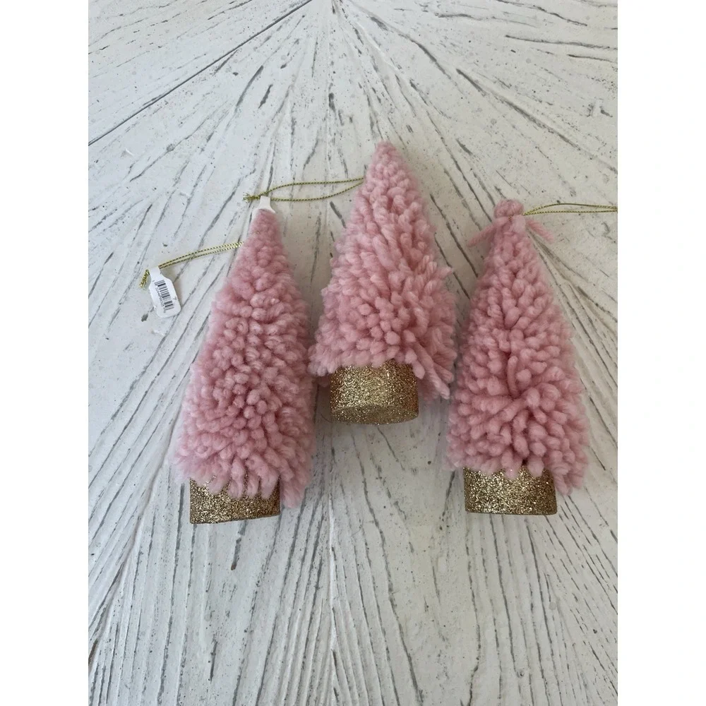 NWT  Set of 3 Pink Yarn Trees Gold Glitter Base Christmas Ornaments